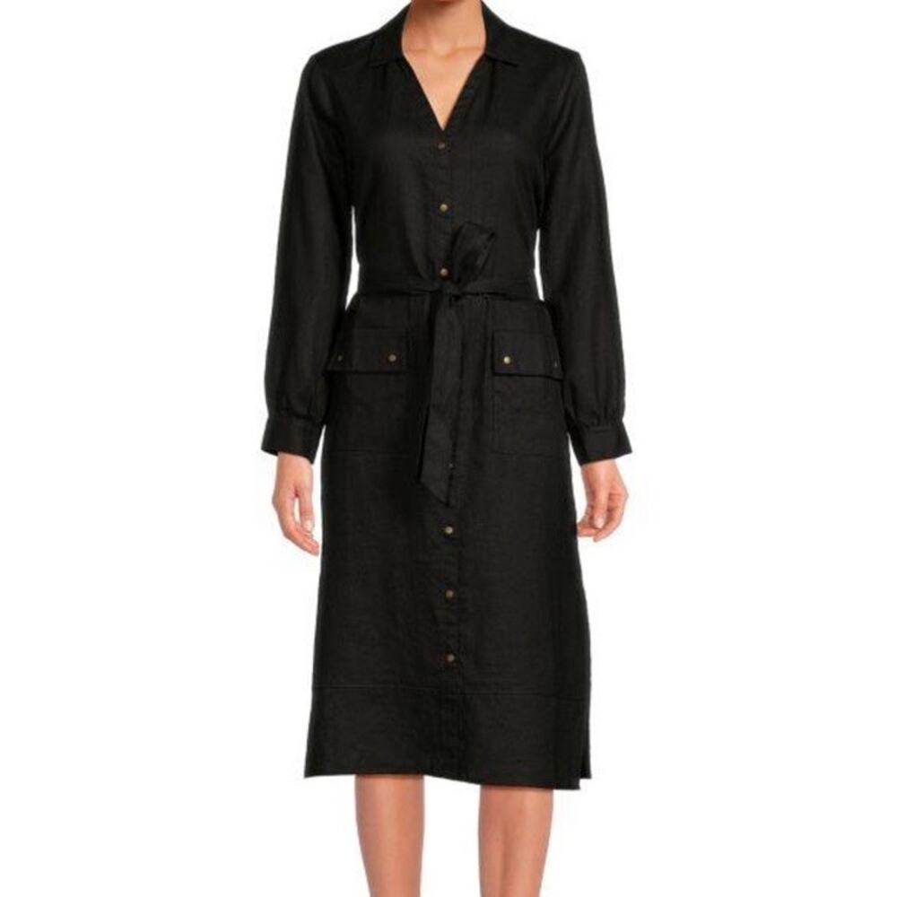 Sacs Fifth Avenue Black Linen Snap Close Lagenlook Minimalist Shirt Dress Sz M